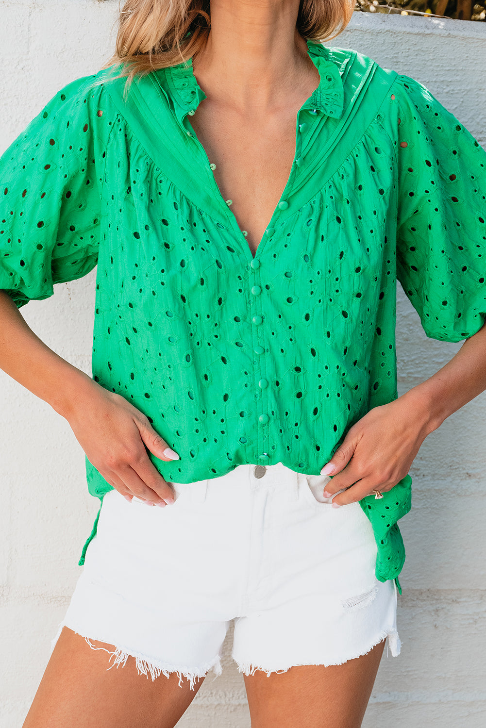 Green Hollow-out Puff Sleeve Blouse