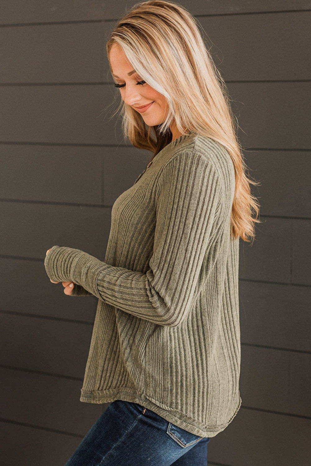 Black V Neck Buttoned Ribbed Knit Top