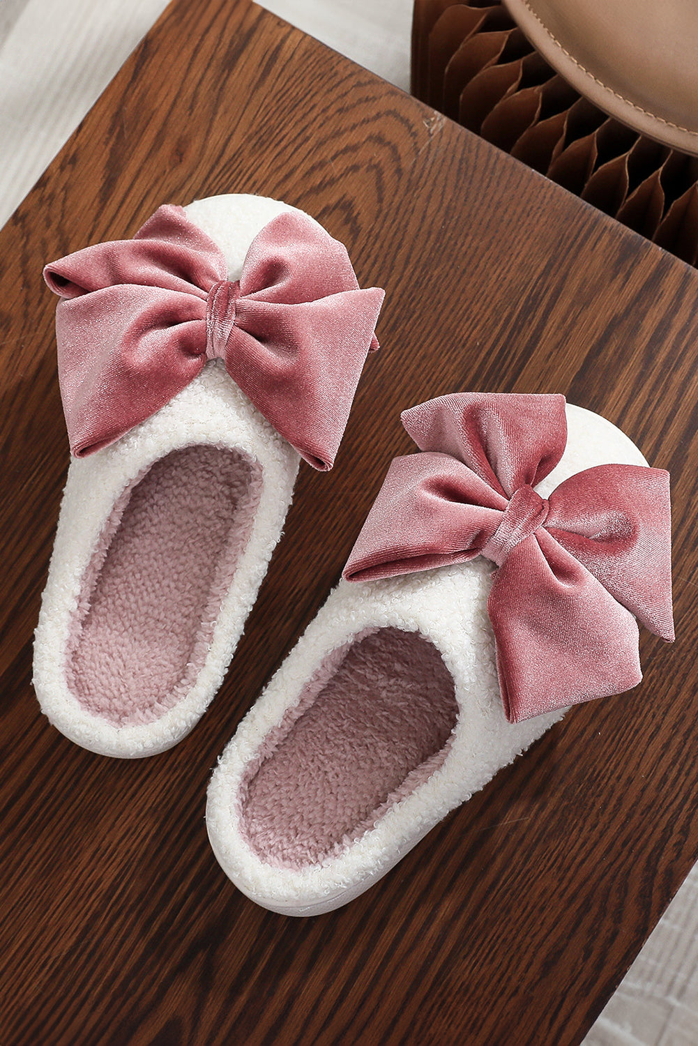 Pink Bow Fuzzy White Slippers