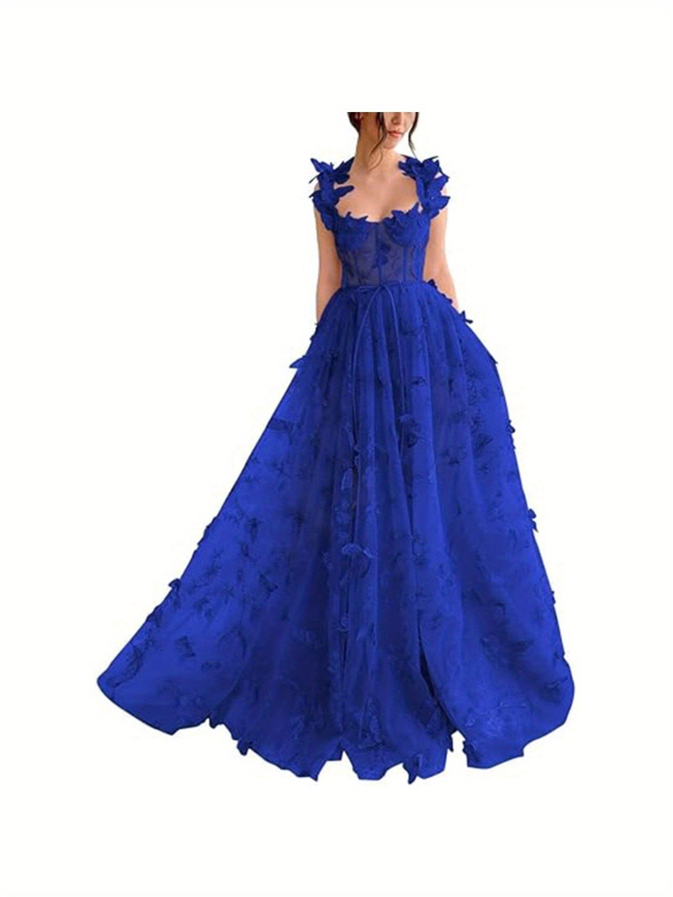 Elegant Long Sheer Flowy Floral & Butterfly Lace Gown