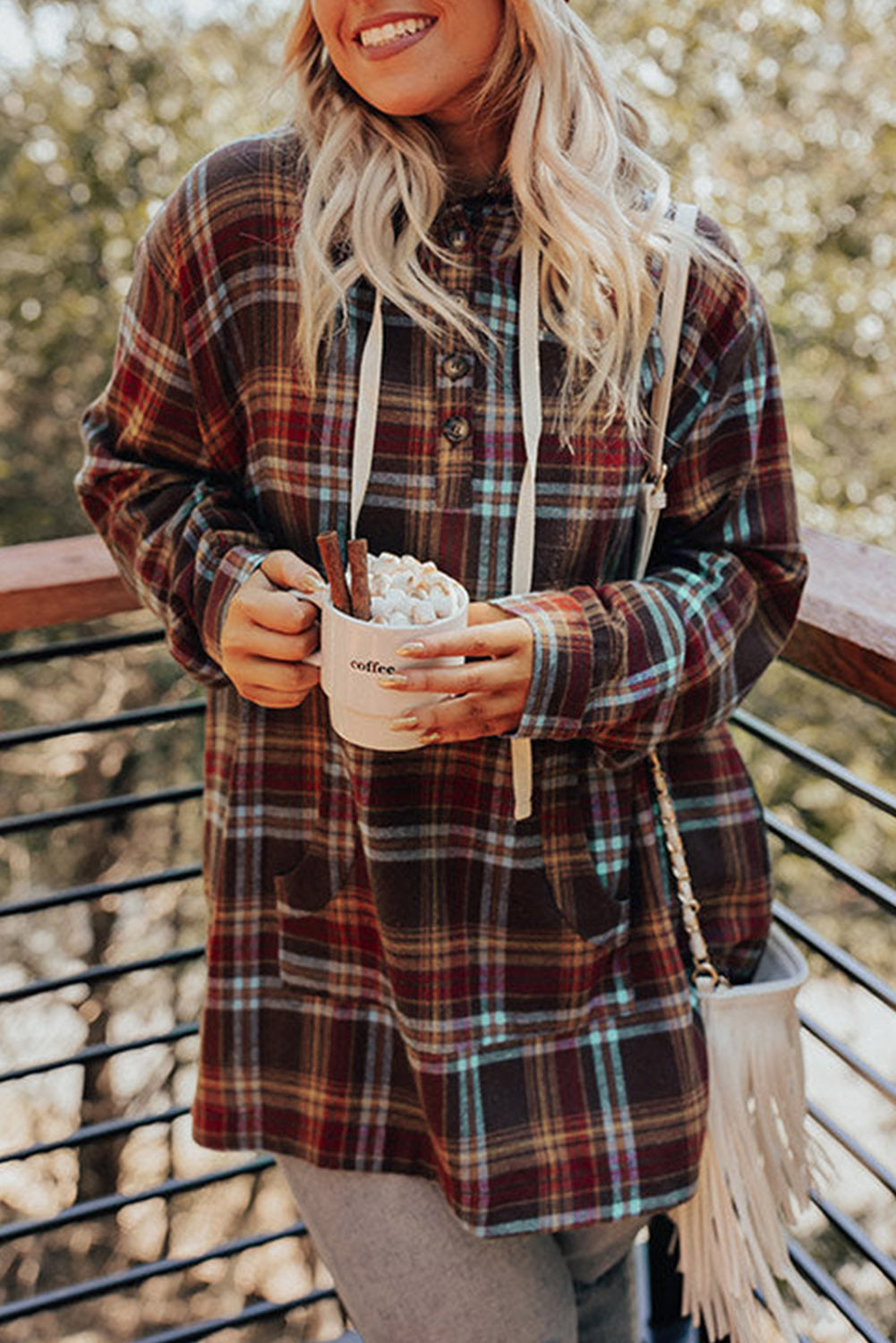 Red & Brown Plus Size Plaid Kangaroo Pocket Drawstring Hoodie