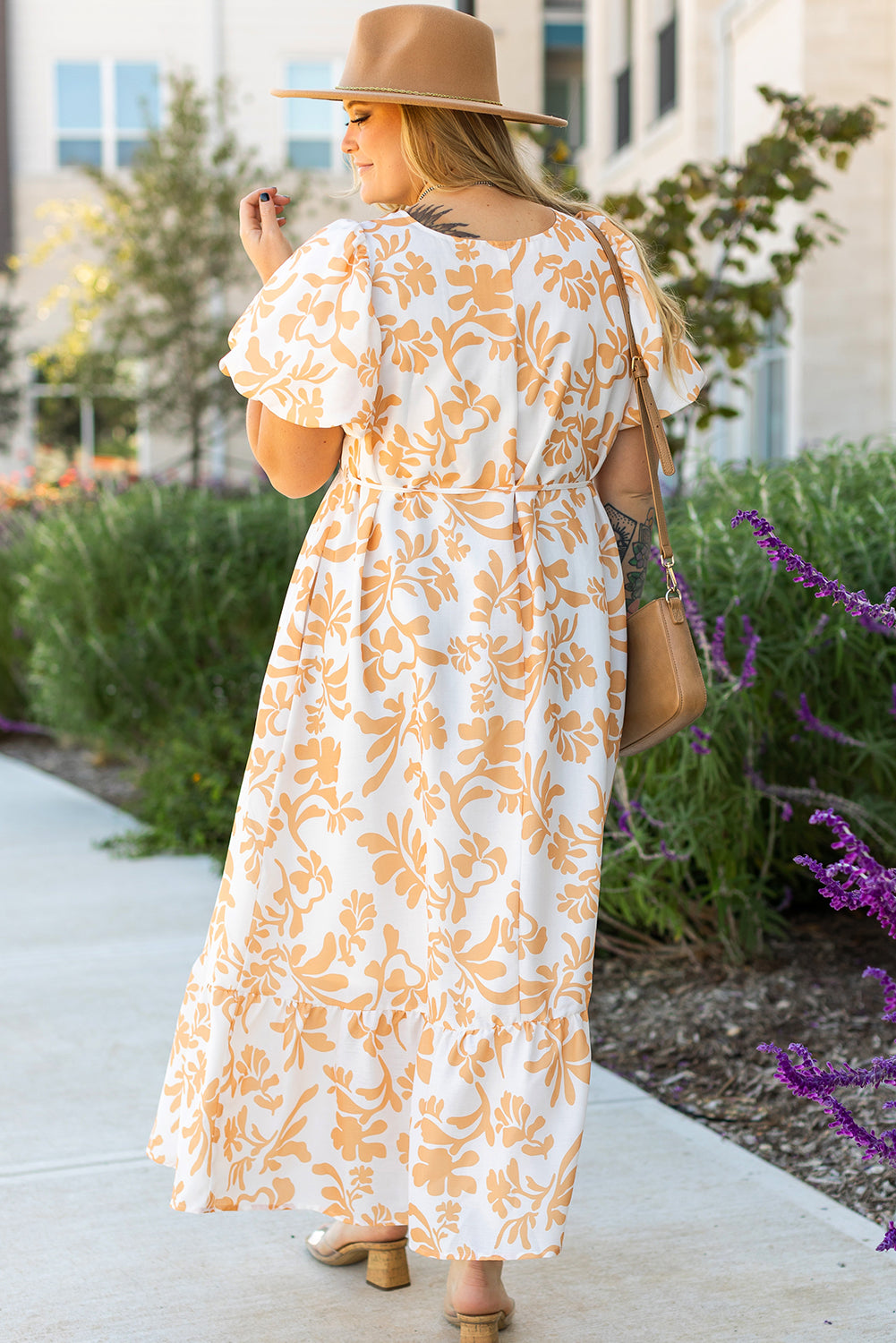 Apricot Floral Puff Short Sleeve Plus Size Maxi Dress