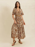 Lace Detail Printed Short Sleeve Midi Dress Camel Bazarre Mart Brown Floral Half Flutter Sleeve Maxi Dress