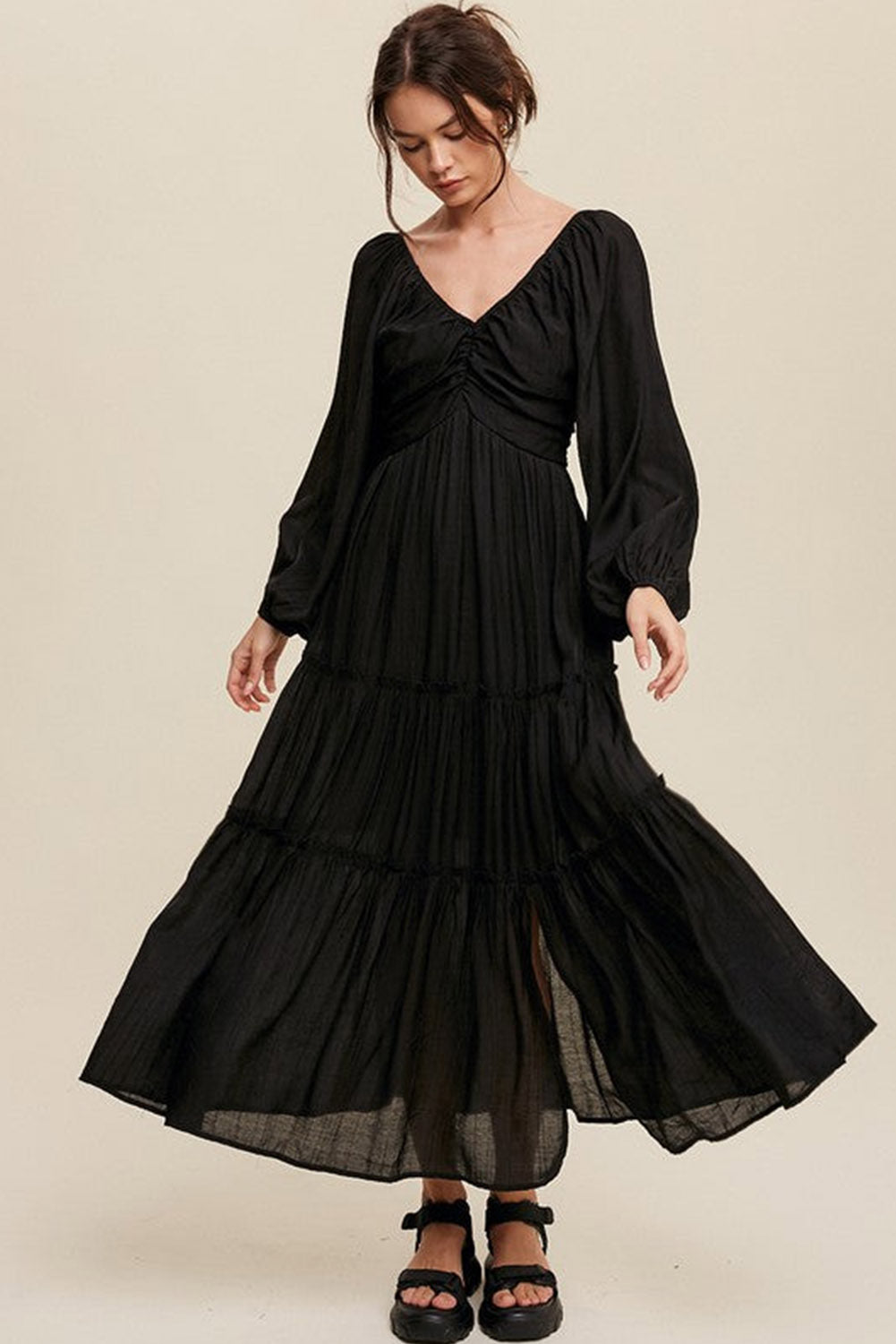 Long Sleeve V Neck Bowknot Cutout Frill Tiered Maxi Dress