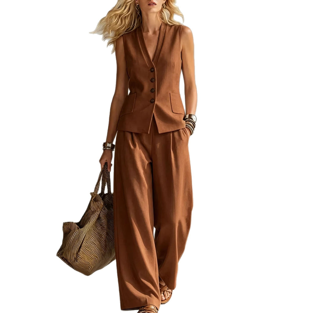 Women’s Sleeveless Linen Tank & Wide Leg Pants Set – Casual 2-Piece Summer Outfit CJ Dropshipping Vest and Pants Set