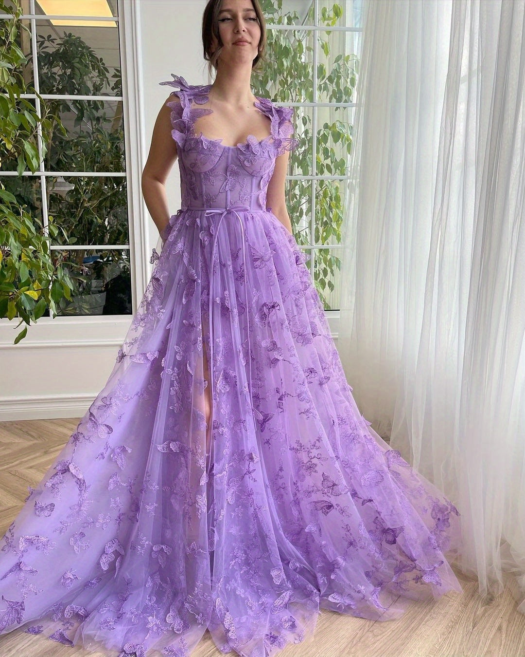 Elegant Long Sheer Flowy Floral & Butterfly Lace Gown