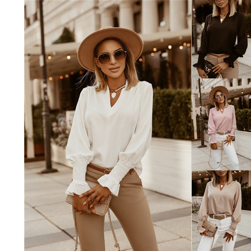 Solid Color V-neck Pullover Blouse