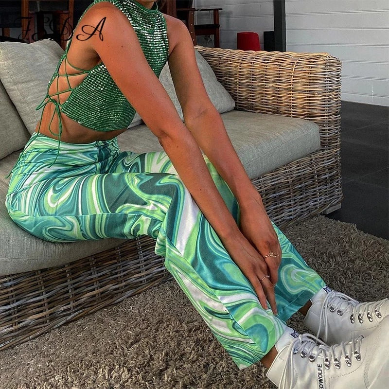 Green Ripple Print Pants