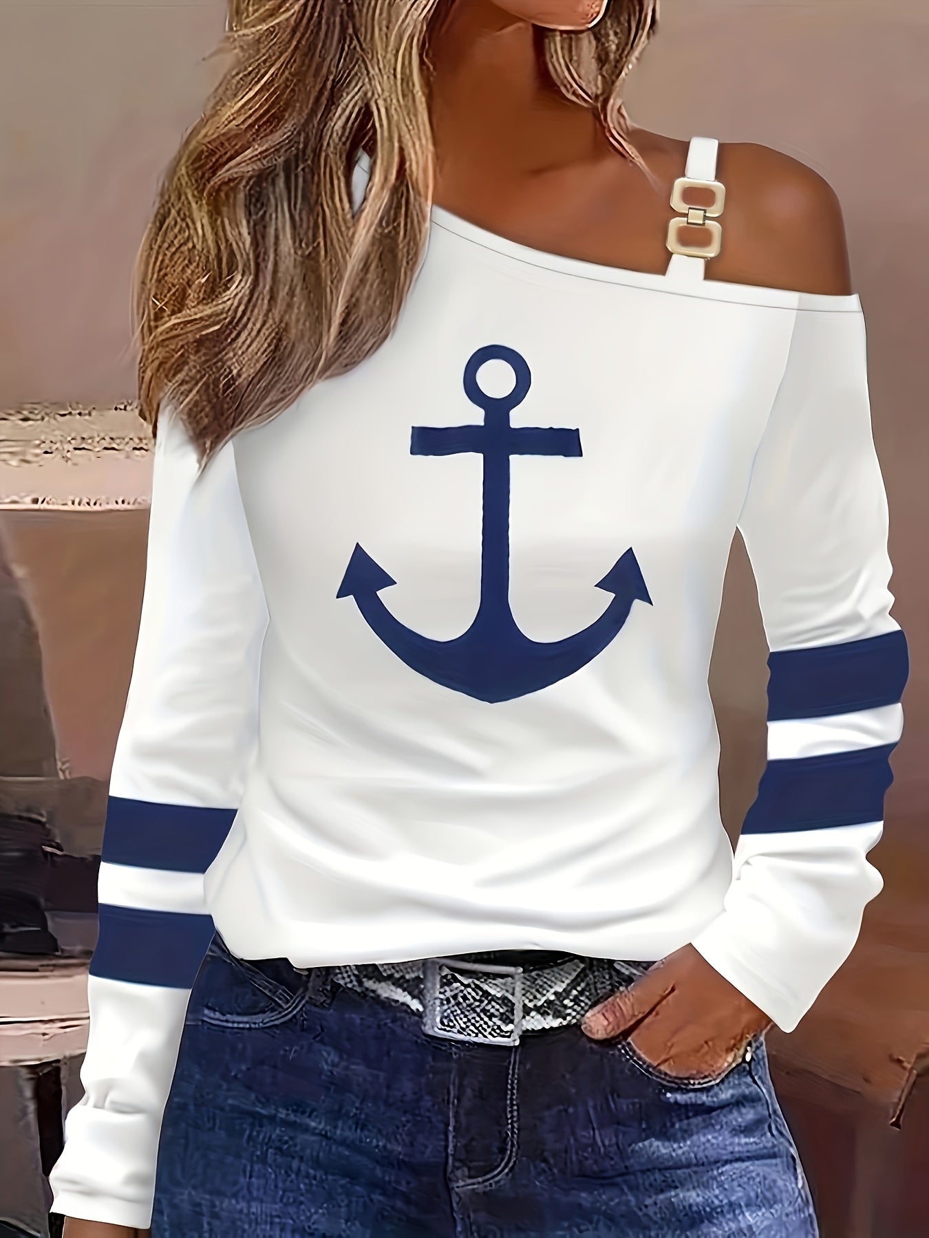 Anchor Print Off Shoulder Chain Detail Long Sleeve T-Shirt