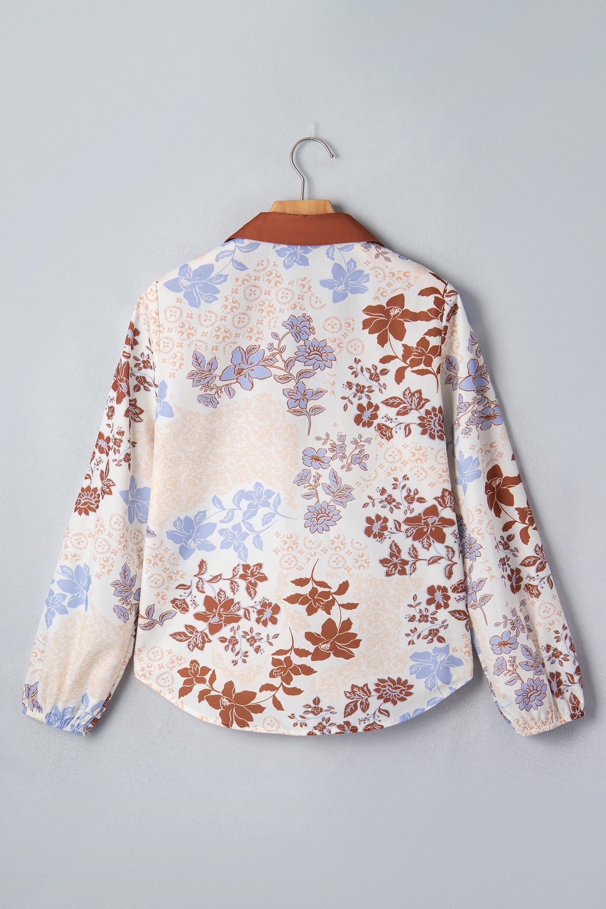 Blue & Brown Floral Collared Colorblock V Neck Long Sleeve Blouse