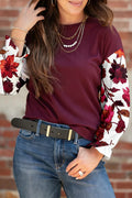 Purple Floral Sleeve Patchwork Round Neck Blouse Wild Ginger 93%Viscose+7%Elastane Shewin Blouses