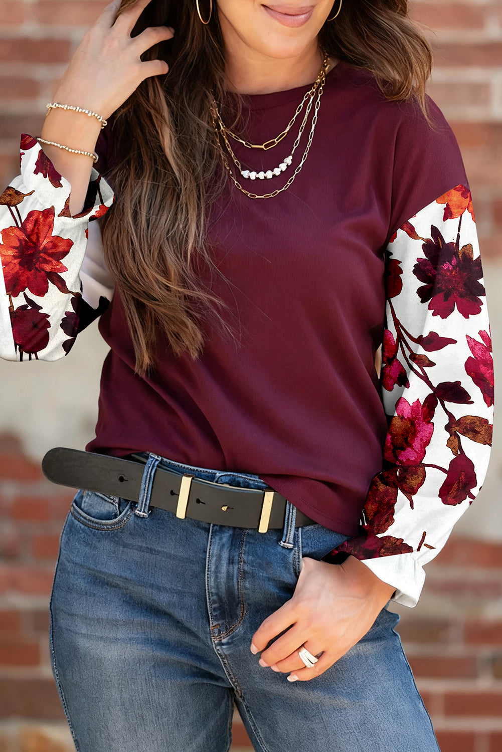 Purple Floral Sleeve Patchwork Round Neck Blouse