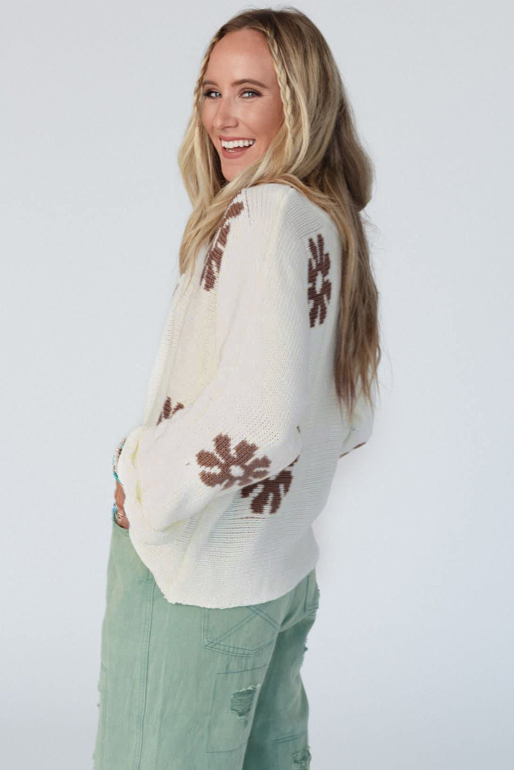 White Colorblock Floral Sweater