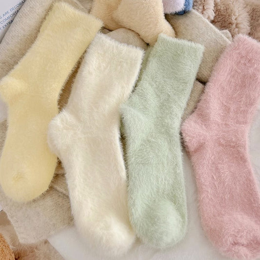 Solid Color Furry Fleece-lined Thick Mid-calf Socks