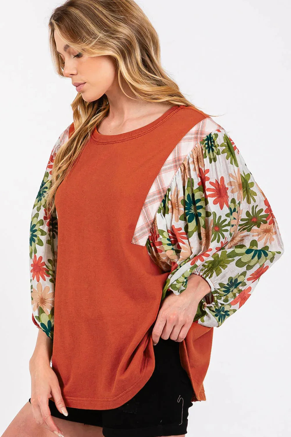 Rust Floral Puff Sleeve Patchwork Blouse Bazaare Mart Tops/Blouses & Shirts