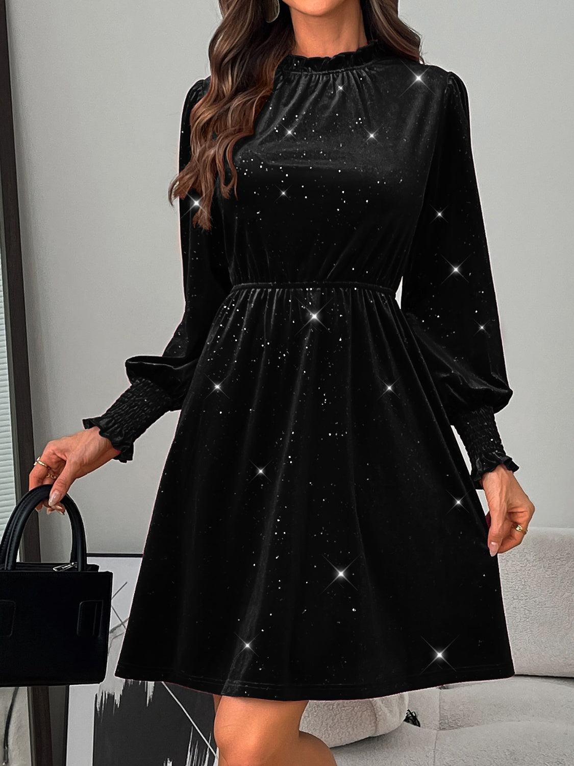 Glittery Velvet Long Sleeve Dress