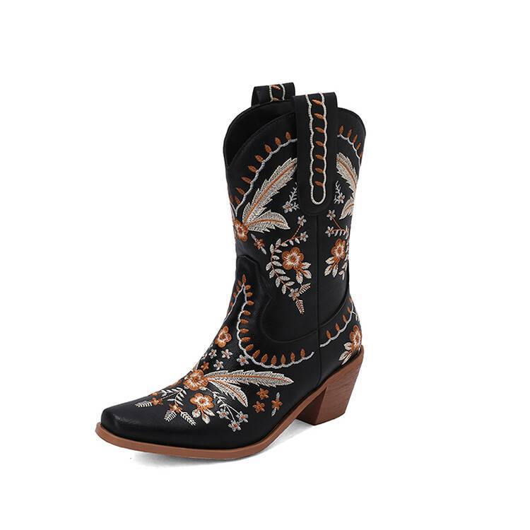 Chunky Heel Embroidered Knee-High Cowboy Boots – Women’s Square Toe Western Boots Black CJ Dropshipping Embroidered Denim Boots