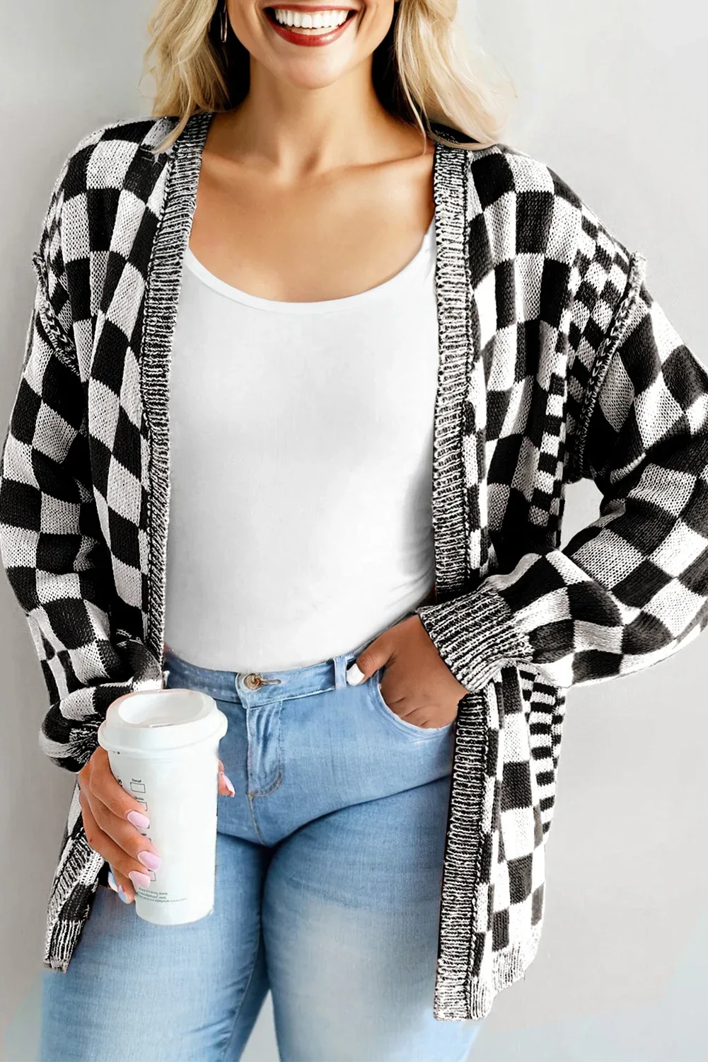 Checkered Bubble Sleeve Drop Shoulder Open Cardigan Black 55%Acrylic+45%Cotton bazaare mart Plus Size/Plus Size Sweaters & Cardigans
