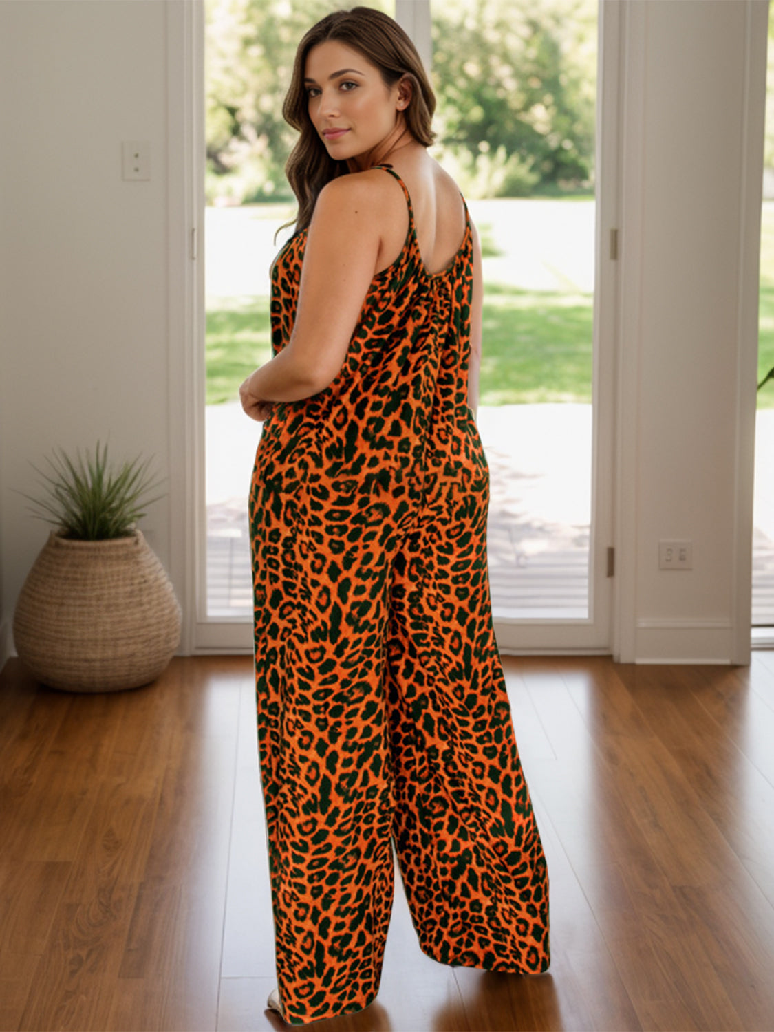 Back of Orange Leopard Scoop Neck Wide Leg Jumpsuit