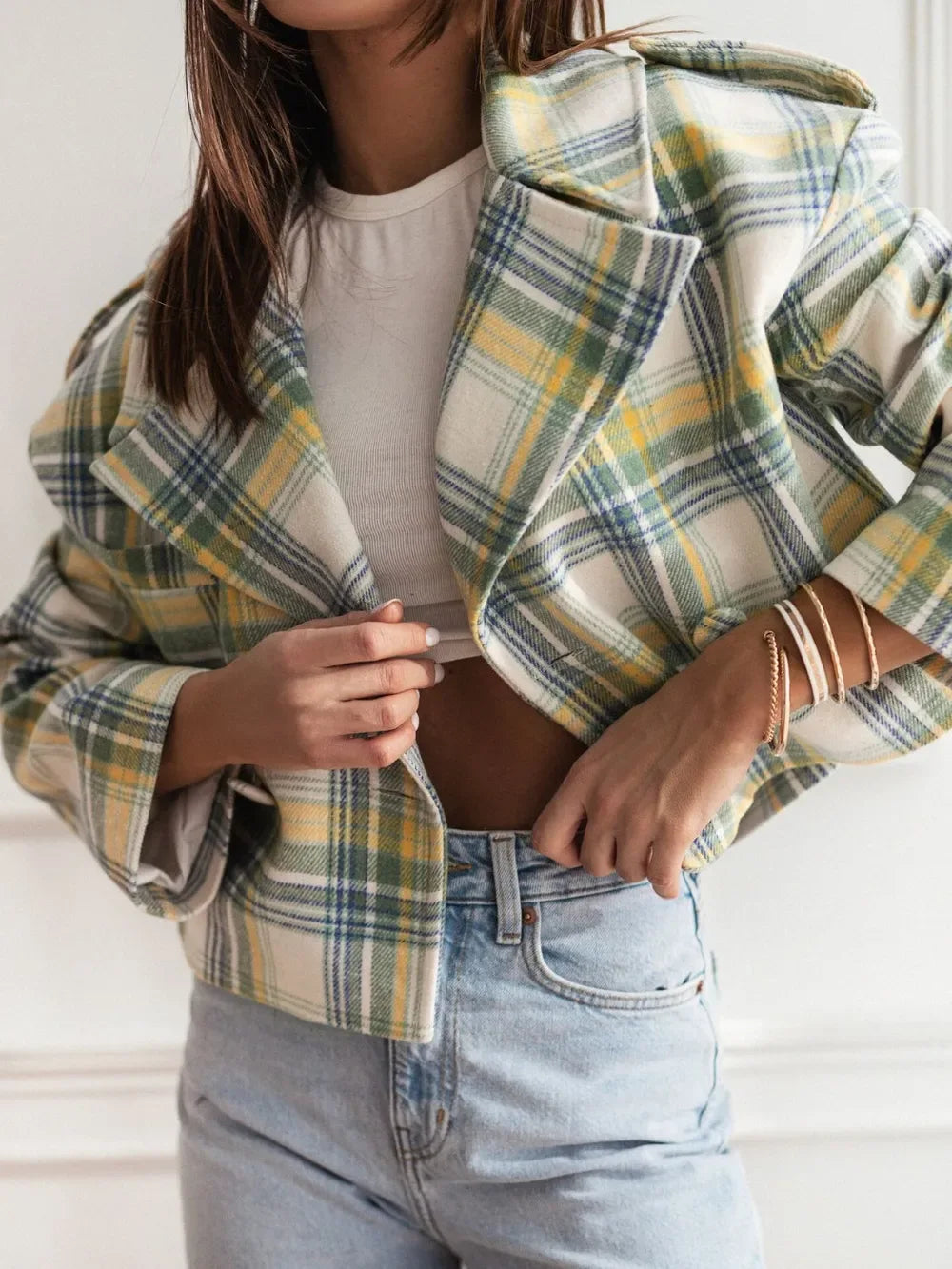Lapel Collar Plaid Cropped Jacket Light Yellow Bazaare Mart Lapel Collar Plaid Cropped Jacket