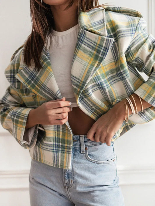 Lapel Collar Plaid Cropped Jacket Light Yellow Bazaare Mart Lapel Collar Plaid Cropped Jacket