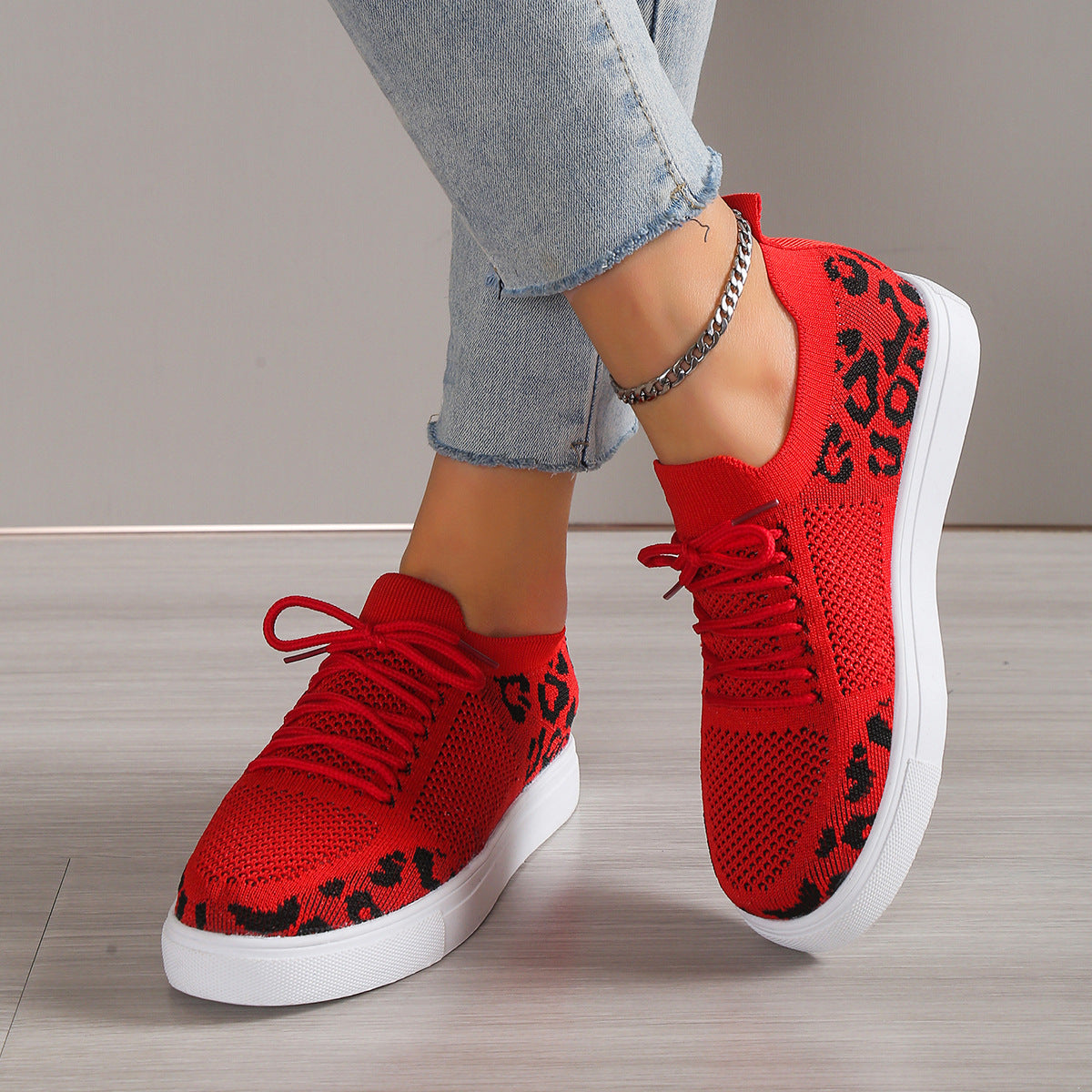 Leopard Flat Lace Up Sneakers