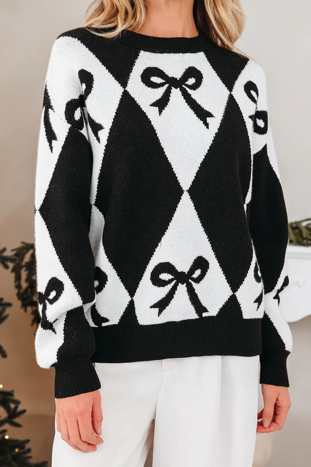 Black Bow Print Rhombus Pullover Sweater Bazaare Mart Sweaters & Cardigans/Sweaters