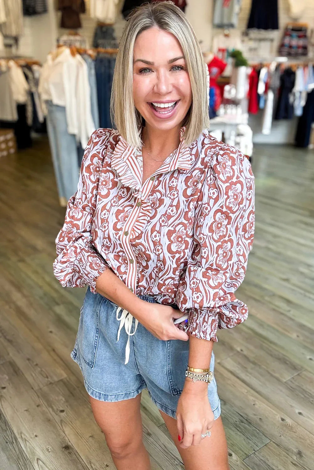 Floral Frilled Stripe Trim Button Long Sleeve Blouse