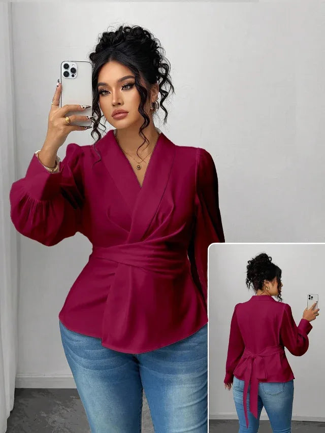 Mesh Semi-Sheer Wrap Button-Front Long Sleeve Blouse Bazaare Mart Mesh Wrap Long Sleeve Blouse