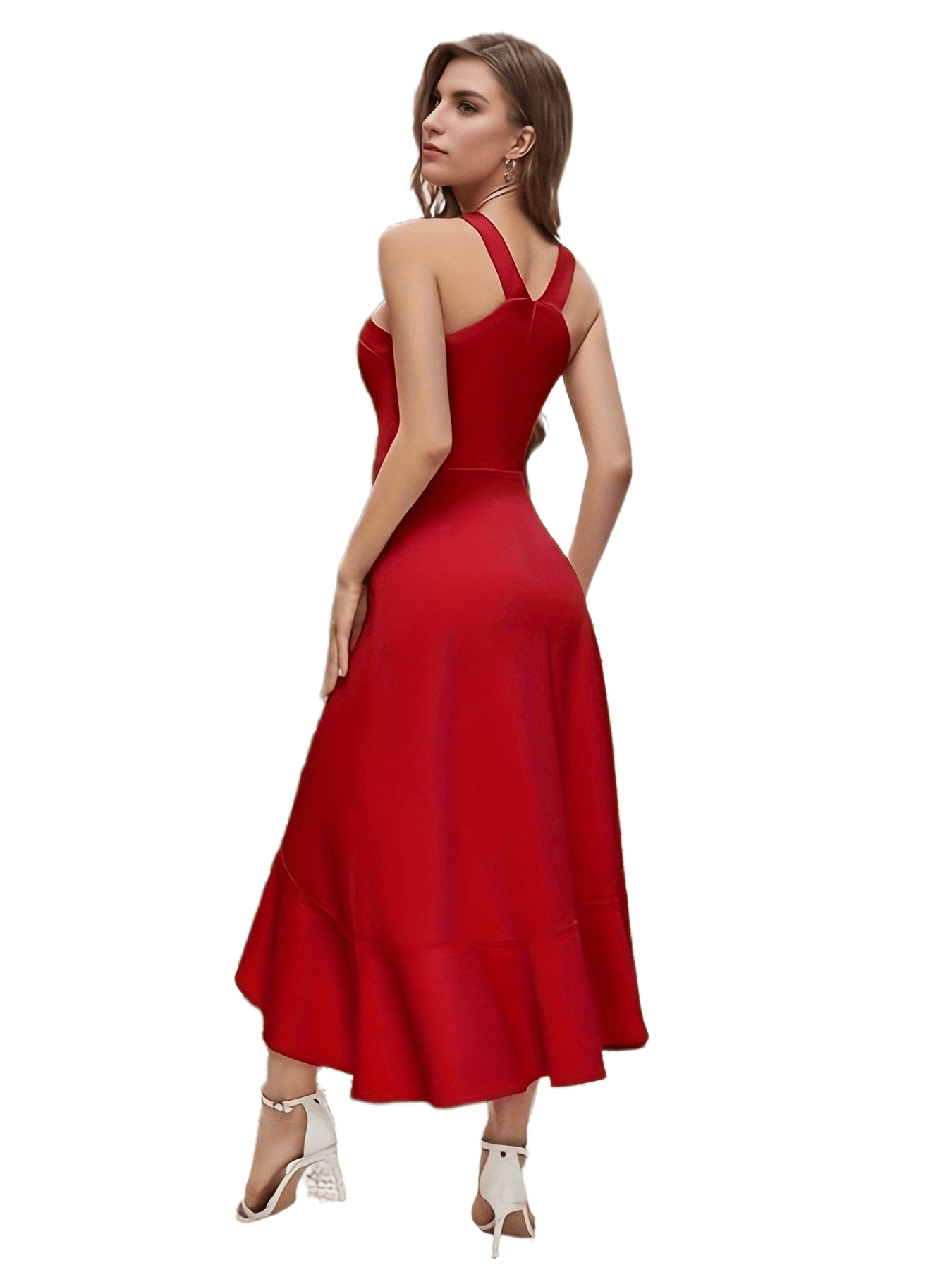 Asymmetric Wrap Ruffle Sleeveless V-Neck Bridesmaid Dress`