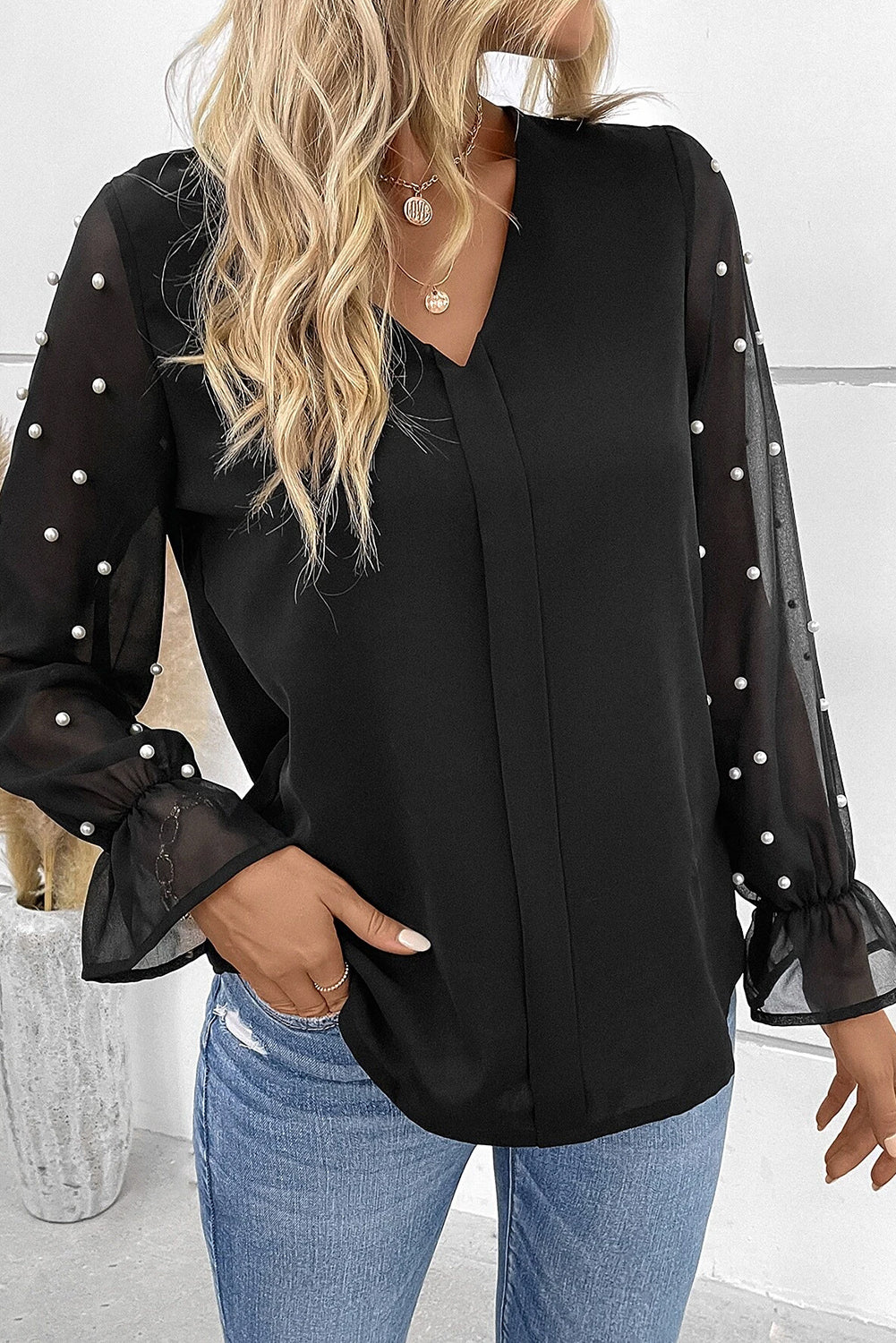 Black Pearl Mesh Flounce Long Sleeve V Neck Top