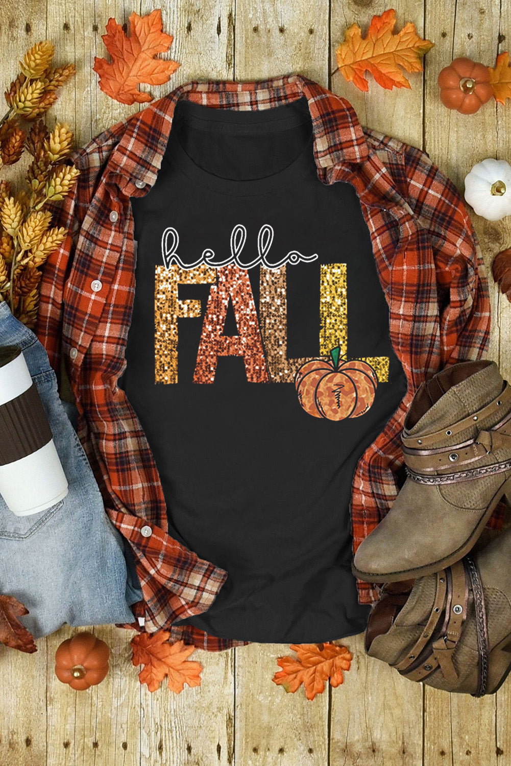 Black Hello Fall Pumpkin Graphic T Shirt