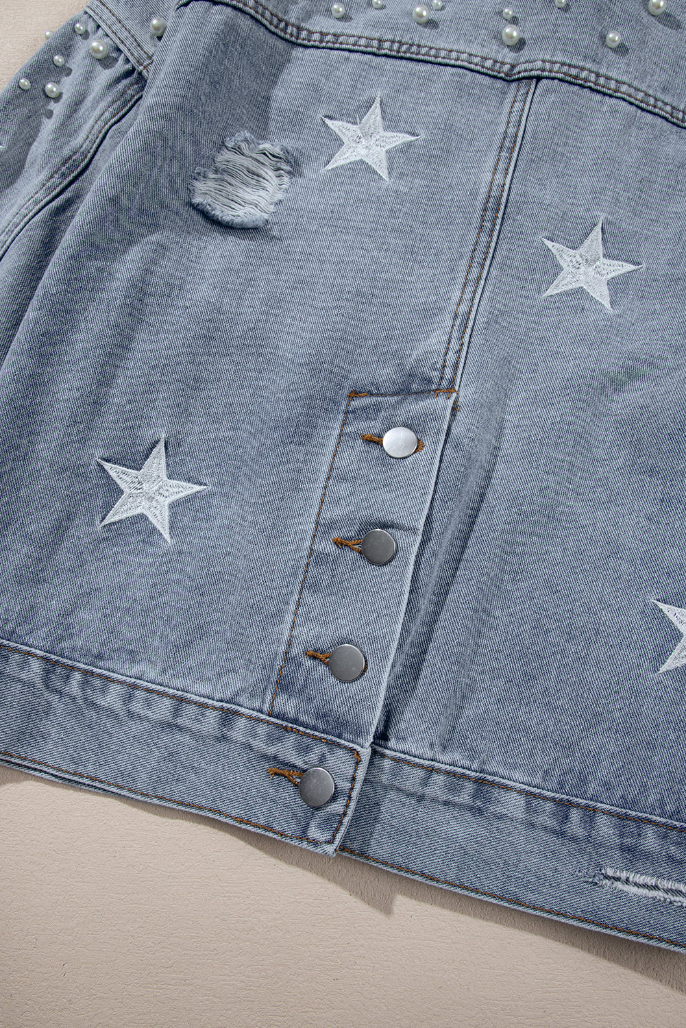 Black Distressed Pearls Star Cropped Denim Jacket