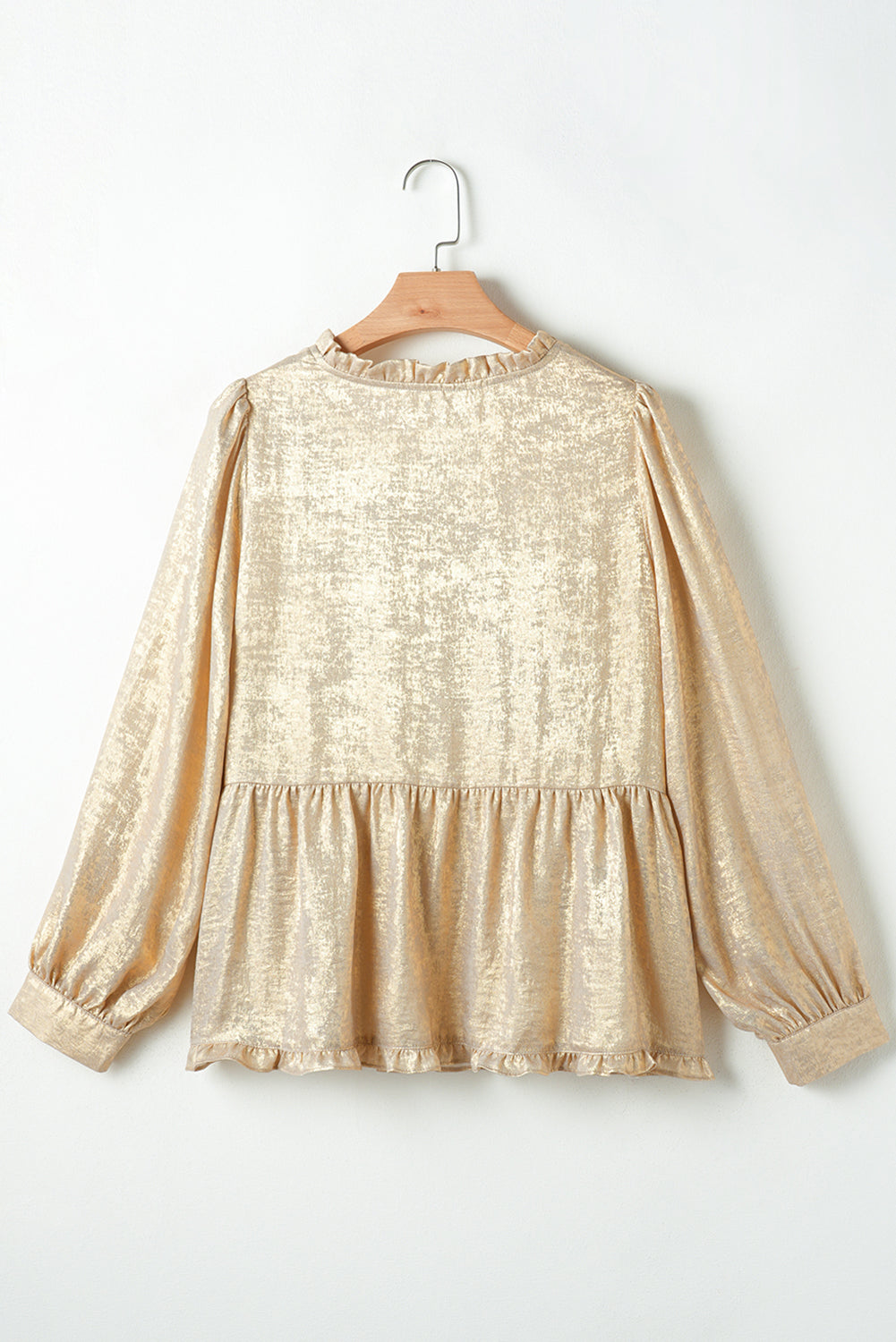 Gold Metallic V Neck Long Puff Sleeve Blouse