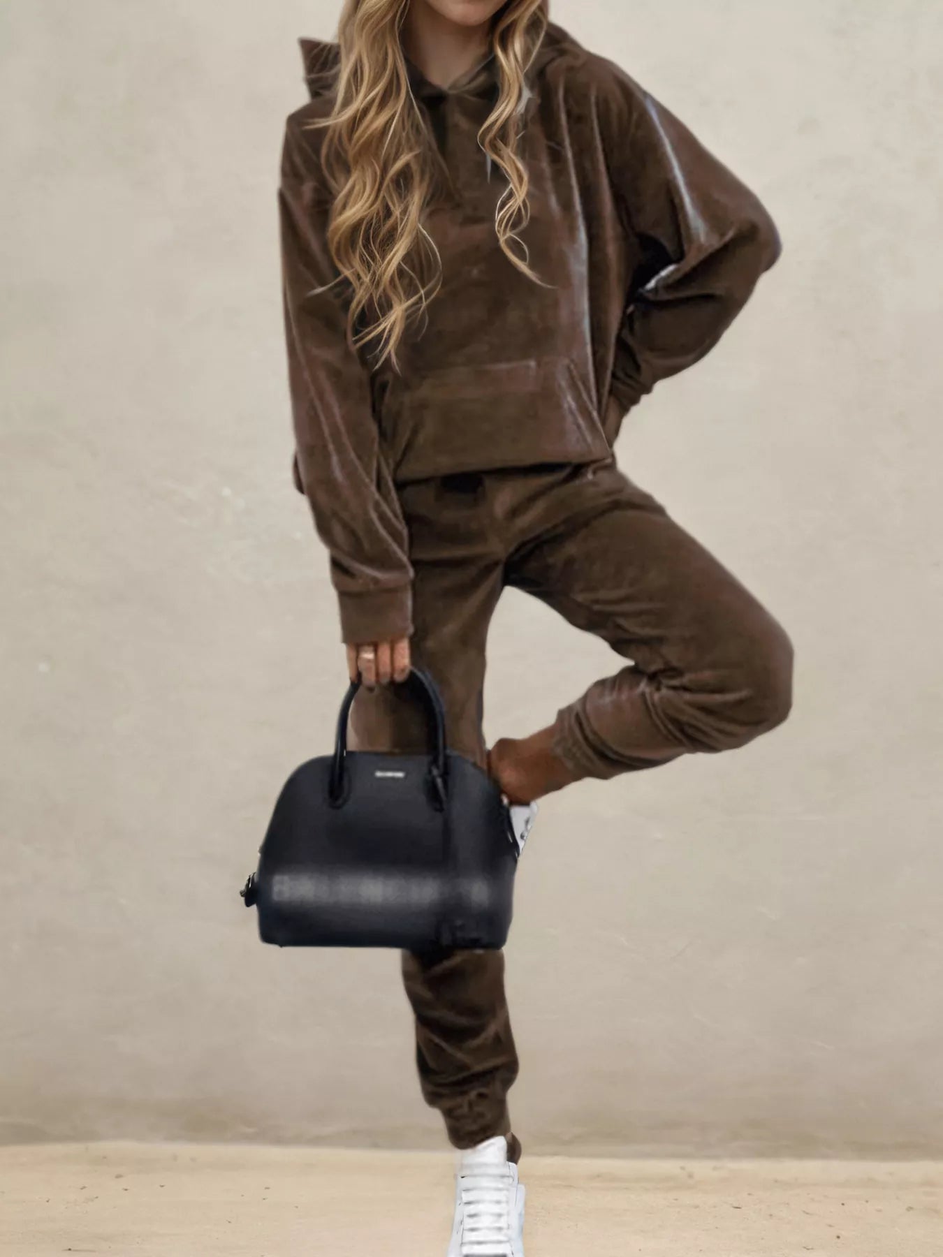 Velvet Long Sleeve Hoodie and Pants Set Dark Brown Bazaare Mart Velvet Long Sleeve Hoodie and Pants Set