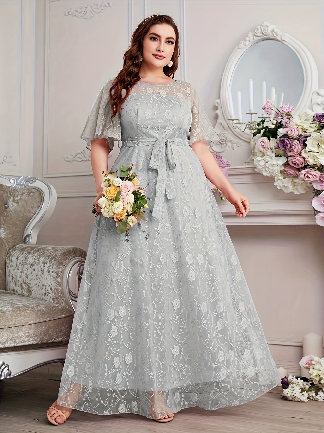 Elegant High Waist Lace Round Neck Half Flutter Sleeve Solid Color Formal Floor Length Dress