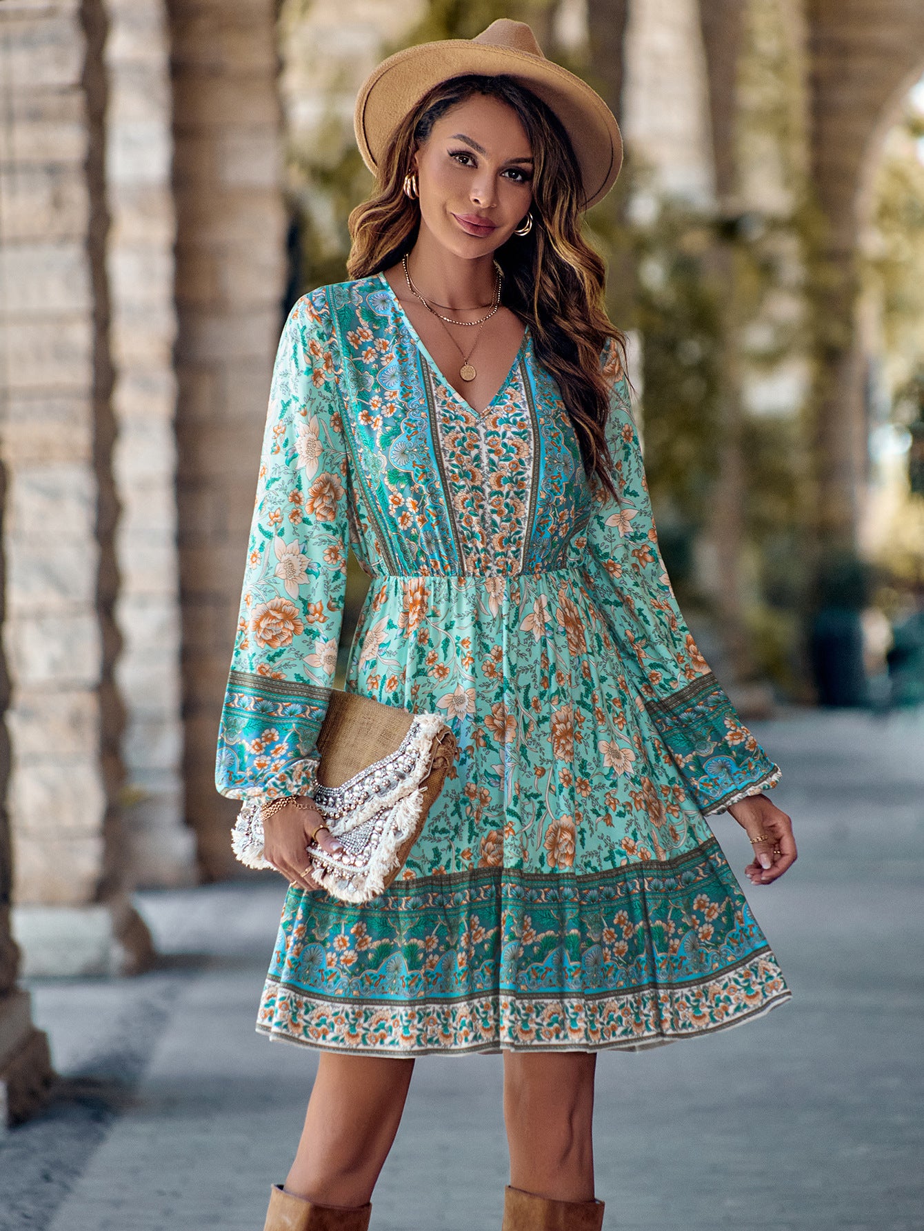 Long Sleeve V Neck Boho Dress