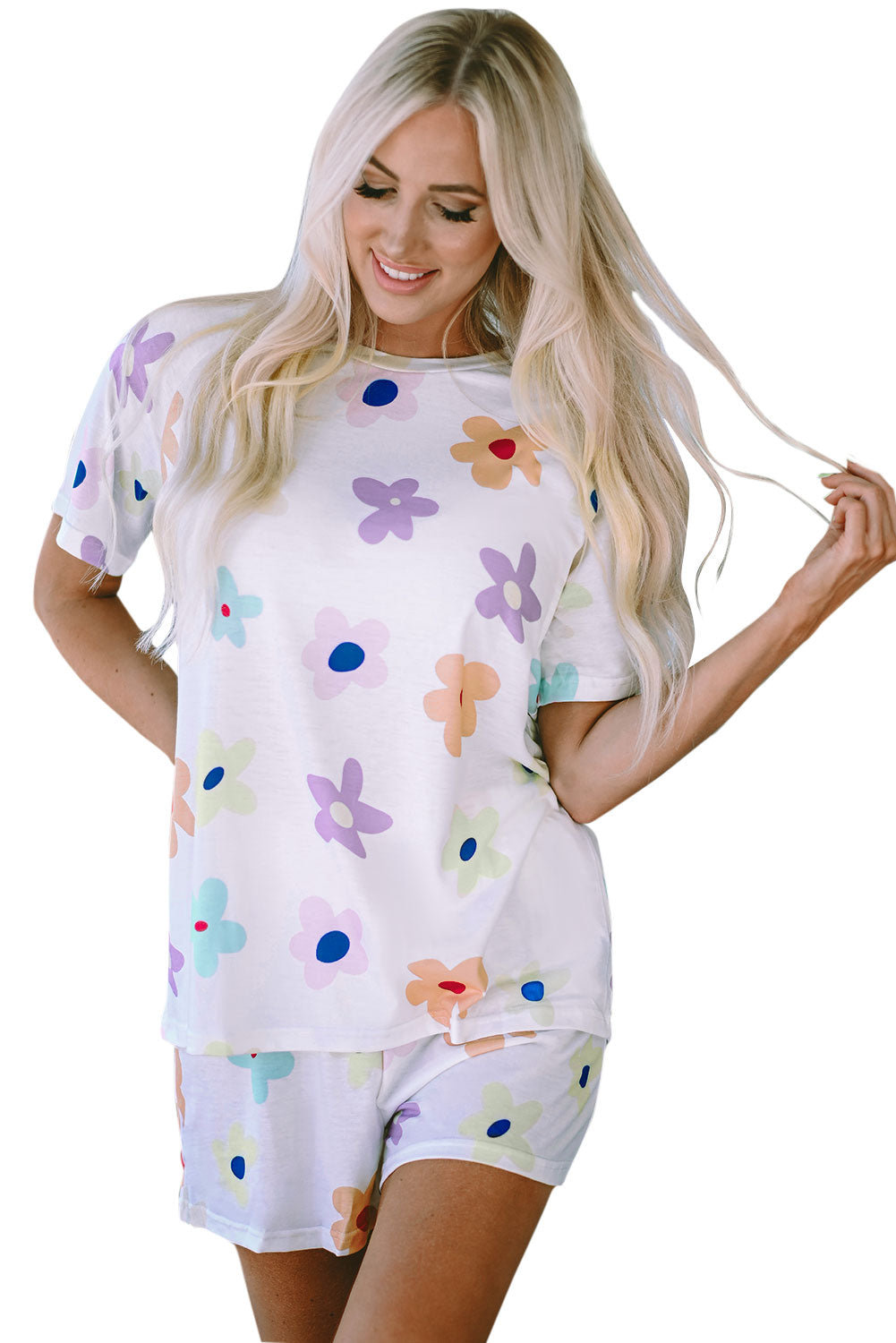 White Plus Size Flower Print Raglan Pullover and Shorts Outfit