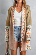 Khaki Aztec Print Open Front Knitted Cardigan Khaki 48%Acrylic+28%Nylon+24%Rayon Bazaare Mart Sweaters & Cardigans/Cardigans