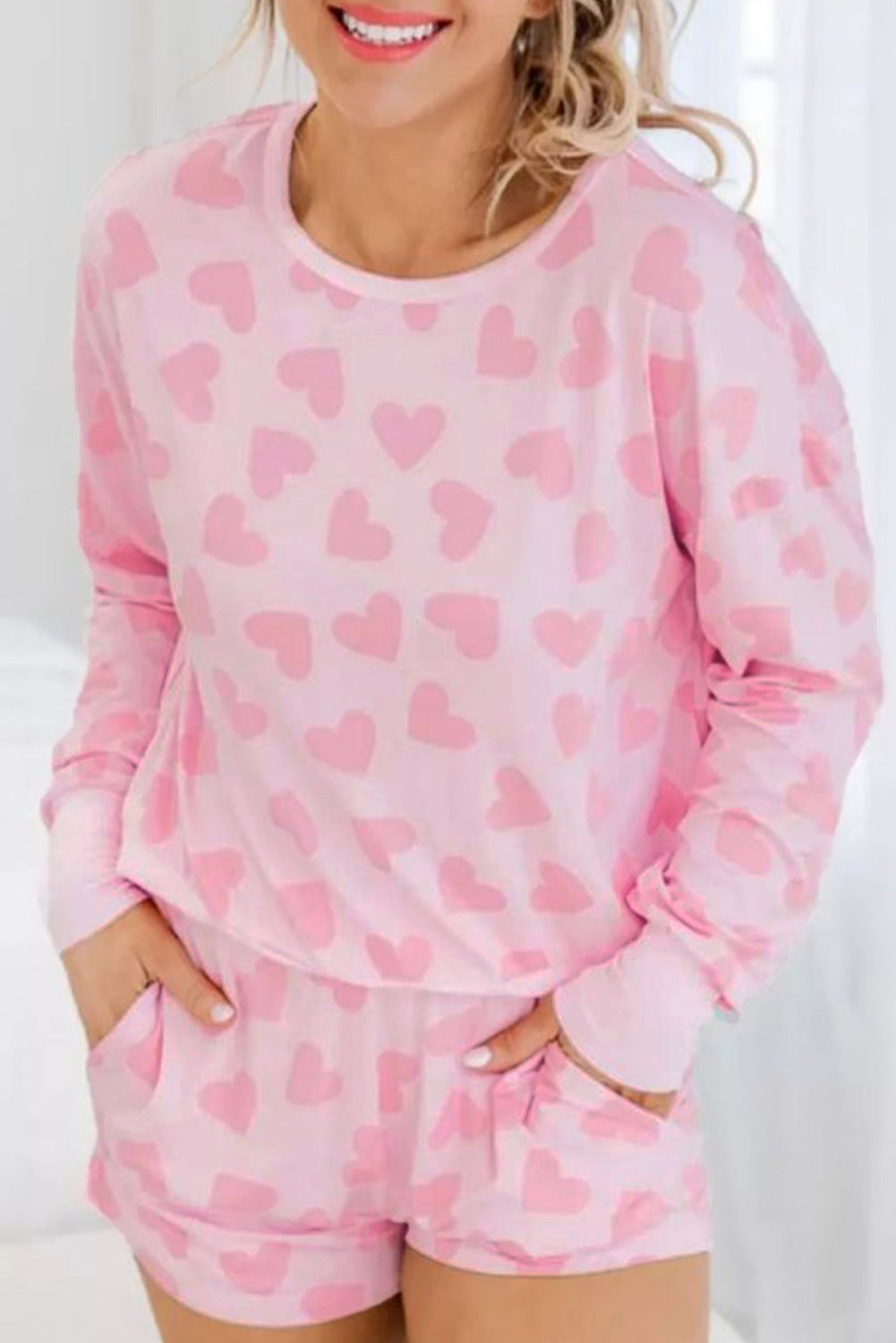 Pink Heart Print Long Sleeve Top Shorts Lounge 