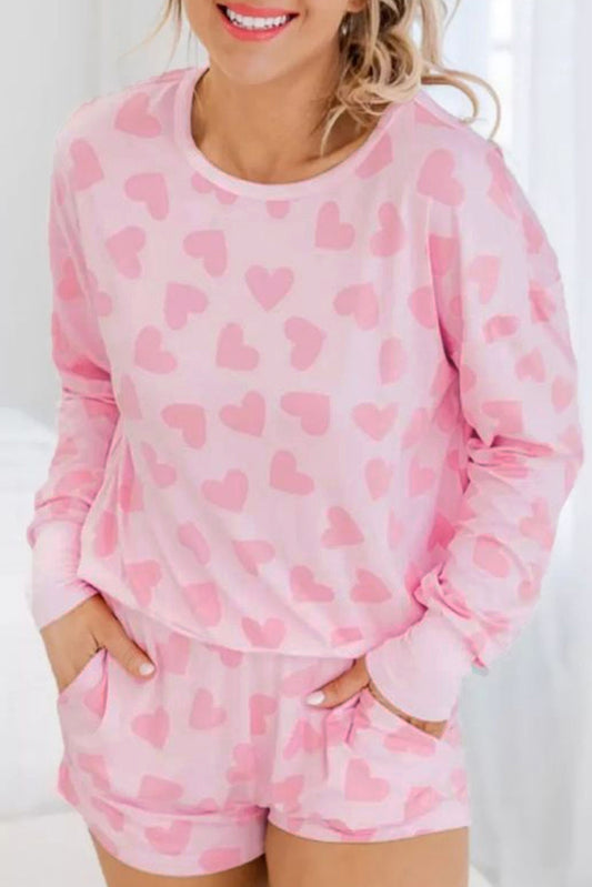 Pink Heart Print Long Sleeve Top Shorts Lounge 