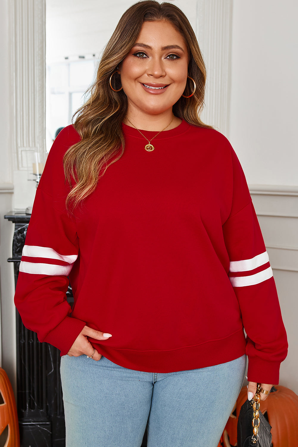 Varsity Striped Detail Crew Neck Plus Sweatshirt Fiery Red 65%Polyester+35%Cotton Bazaare Mart Plus Size/Plus Size Sweatshirts & Hoodies