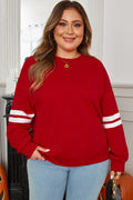 Varsity Striped Detail Crew Neck Plus Sweatshirt Fiery Red 65%Polyester+35%Cotton Bazaare Mart Plus Size/Plus Size Sweatshirts & Hoodies