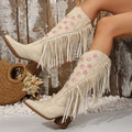 High Heel Tassel Embroidered Stars Western PU Leather Boots Beige Bazaare Mart Western Star Tassel Knee Boots