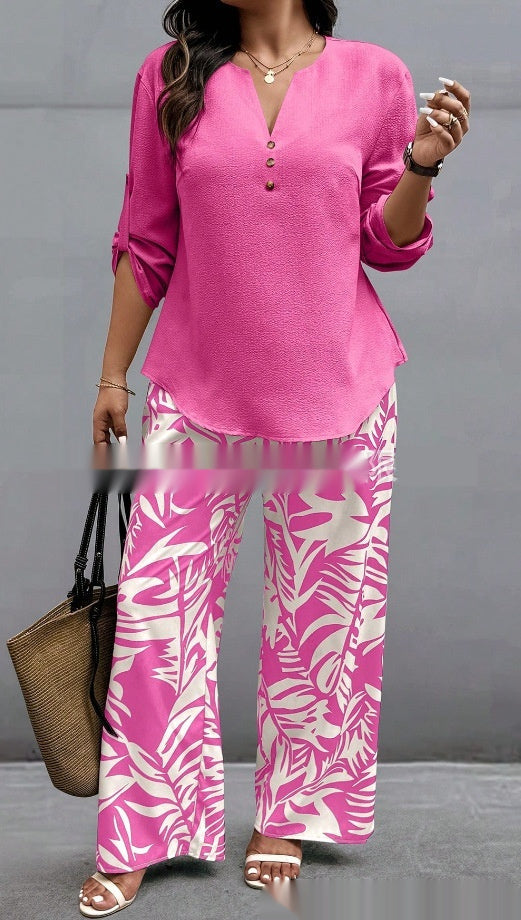 Ladies V-neck Shirt with Tropical Printed Pants 10 Style CJ Dropshipping Tropical Pants Set