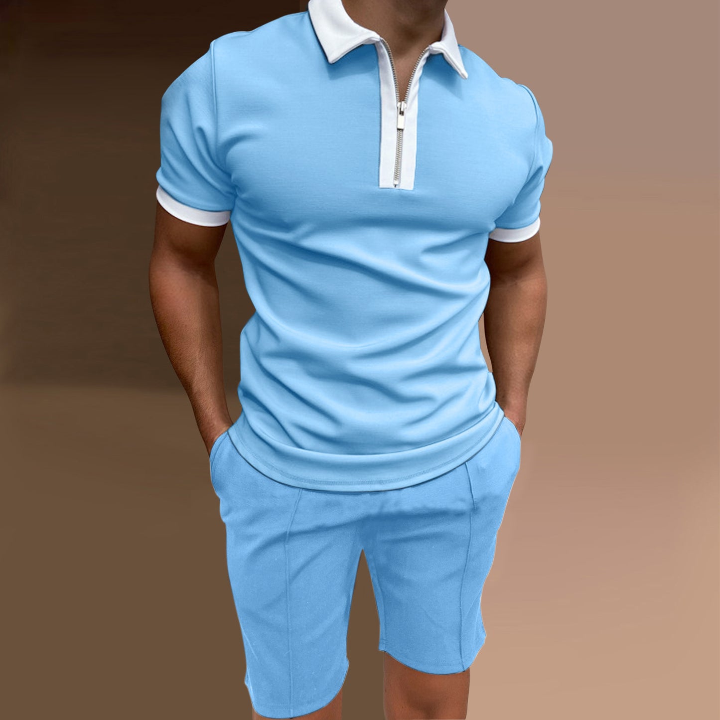 Lt Blue Slim-fit Zip Polo Shorts Set