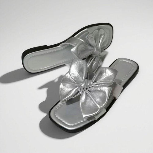 Big Bow Slip-On Slide Sandals CJ Dropshipping Silver Floral Flat Sandal