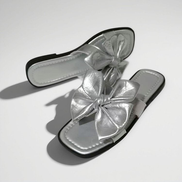 Big Bow Slip-On Slide Sandals Silver CJ Dropshipping Silver Floral Flat Sandal