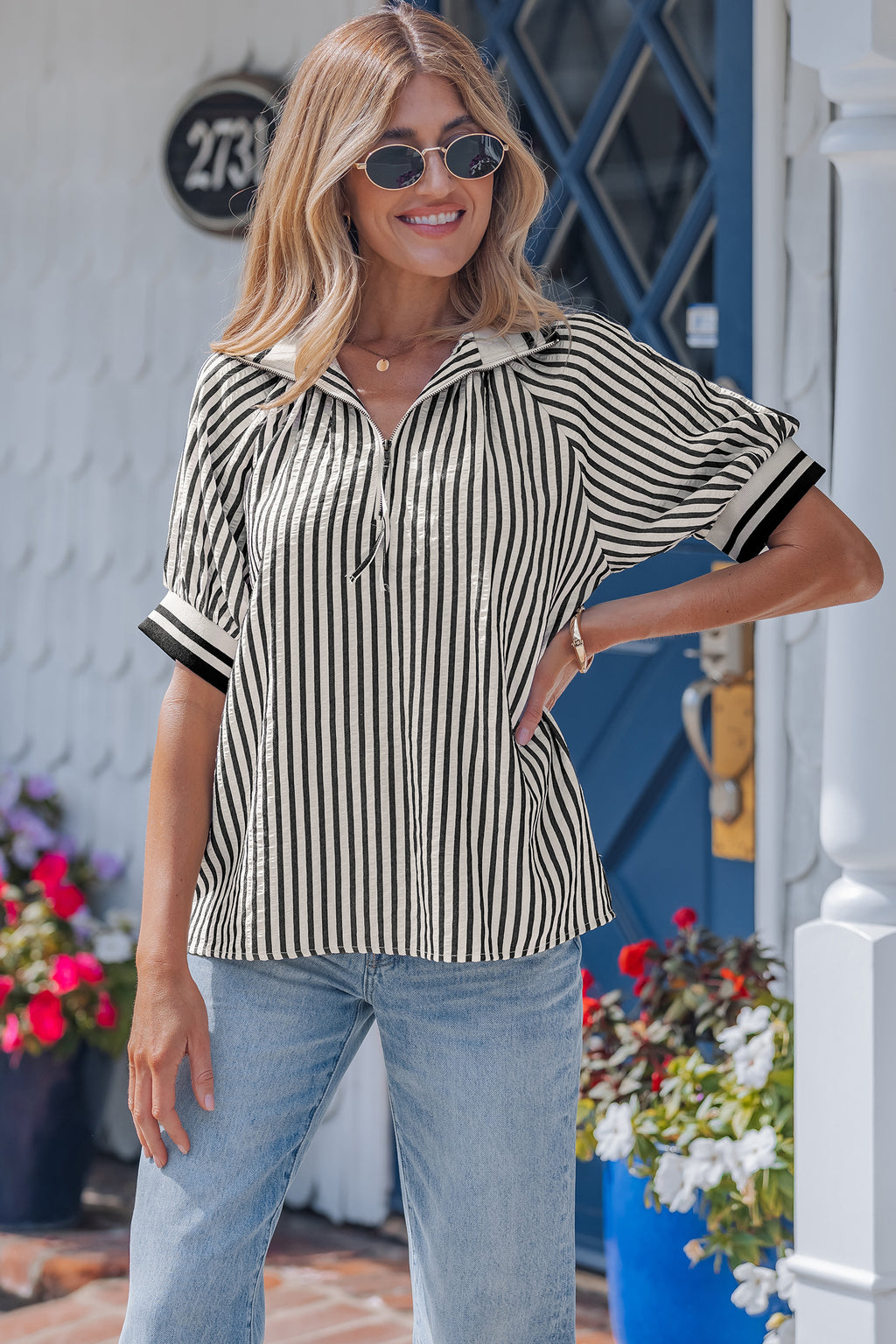 Black Stripe Polo Collar Half Zip Short Puff Sleeve Blouse Dear-Lover Dropshipping Tops/Blouses & Shirts