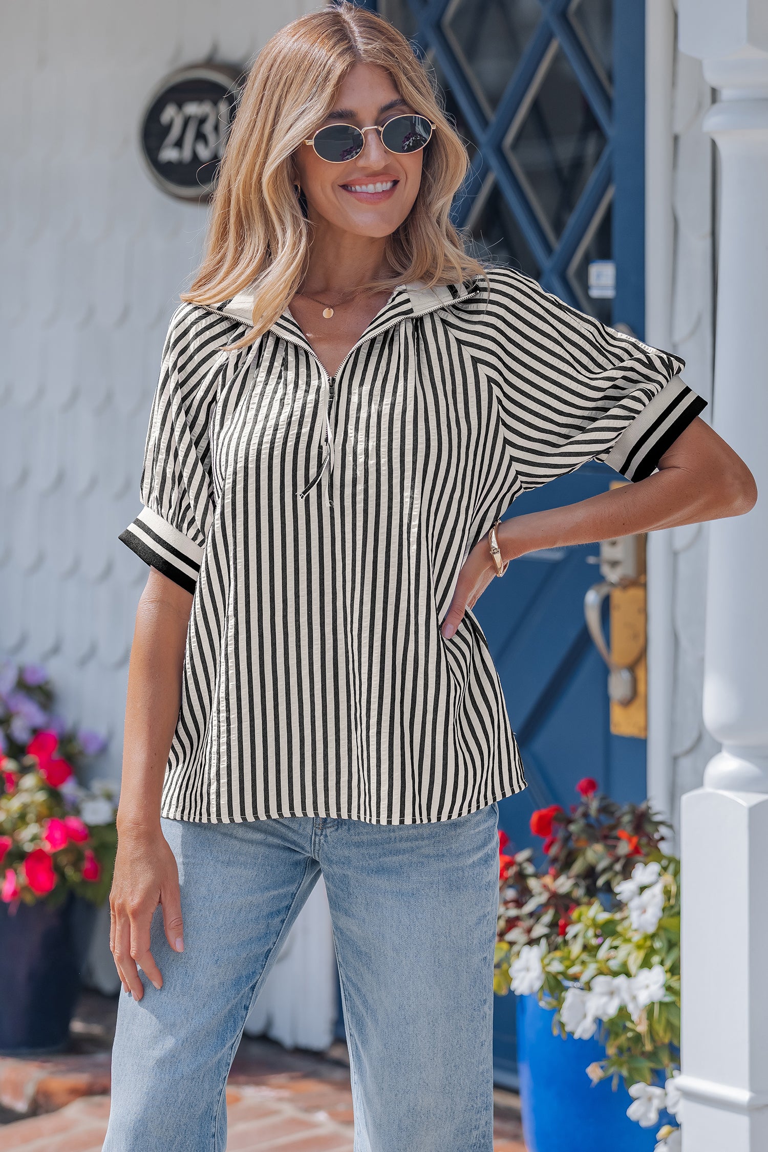 Black Stripe Polo Collar Half Zip Short Puff Sleeve Blouse Dear-Lover Dropshipping Tops/Blouses & Shirts
